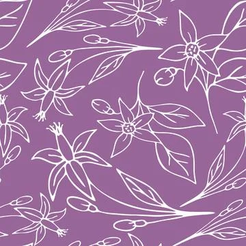 Seamless floral pattern of white contour flowers on a purple background Stock Illustration
