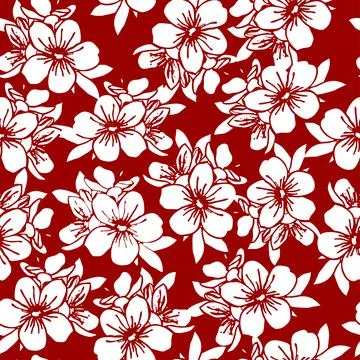 Seamless floral pattern of white flowers on a dark red background, texture Stock Illustration