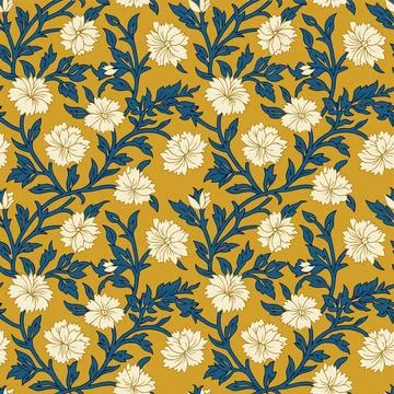 Seamless Floral Pattern with White Flowers and Blue Leaves on Yellow Backgr.. Stock Illustration