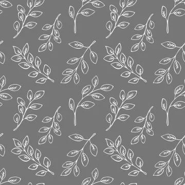 Seamless floral pattern with white hand drawn leaves on gray background. Stock Illustration
