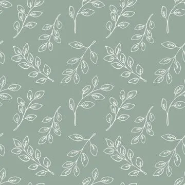 Seamless floral pattern with white hand drawn leaves on green background. Stock Illustration