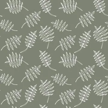 Seamless floral pattern with white hand drawn leaves on green background. Stock Illustration