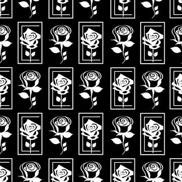 Seamless floral pattern white roses on a black background, texture, design Stock Illustration