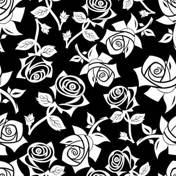 Seamless floral pattern white roses on a black background, texture, design Stock Illustration