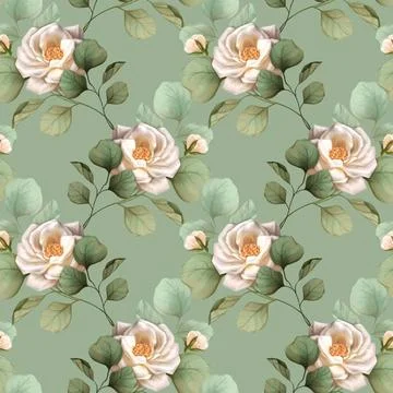 Seamless floral pattern with of white roses on green background Seamless f... Stock Photos