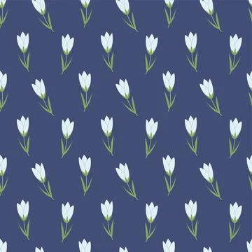 Seamless Floral Pattern with White Spring Flowers on Blue Background Minimal Stock Illustration