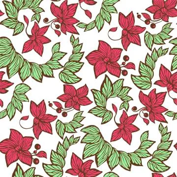 Seamless floral pattern witn flowers, leaves and beads in bright green and re Stock Illustration