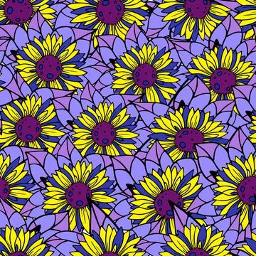 Seamless floral pattern of yellow-blue sunflowers, bright repeating pattern, Stock Illustration