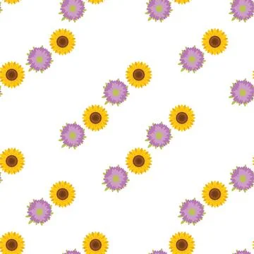 Seamless floral pattern with yellow sunflowers and purple asters on white b.. Stock-Illustration