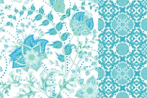 Seamless floral patterns set. Vintage flowers backgrounds and borders with leave Stock Illustration