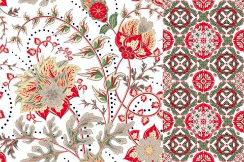 Seamless floral patterns set. Vintage flowers backgrounds and borders with leave Stock Illustration