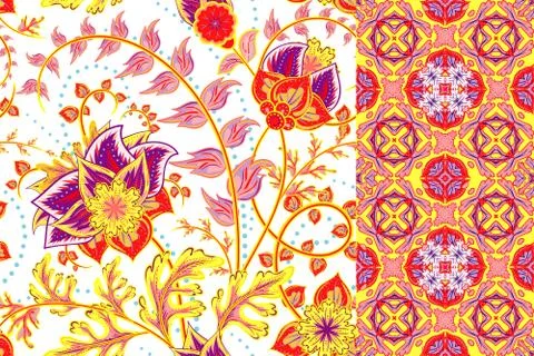 Seamless floral patterns set. Vintage flowers backgrounds and borders with leave Stock Illustration