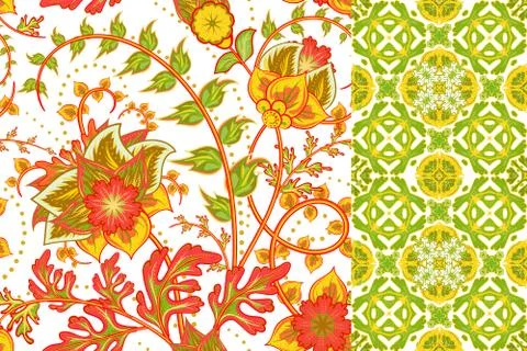Seamless floral patterns set. Vintage flowers backgrounds and borders with leave Stock Illustration