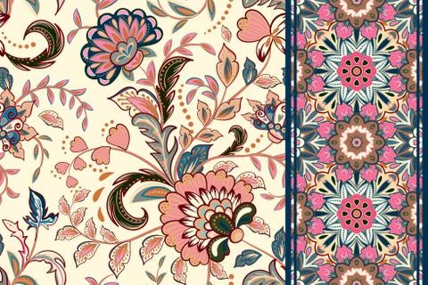Seamless floral patterns set. Vintage flowers backgrounds and borders with leave Stock Illustration