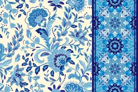 Seamless floral patterns set. Vintage flowers backgrounds and borders with leave Stock Illustration