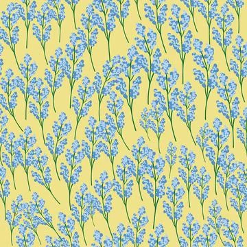 Seamless floral print pattern with yellow and blue mimosa flowers, leaves i.. Illustrazione stock