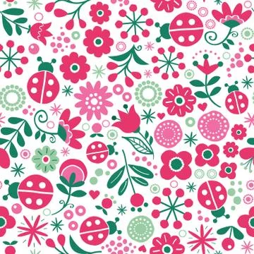 Seamless floral retro vector pattern - hand drawn vintage Scandinavian style Stock Illustration