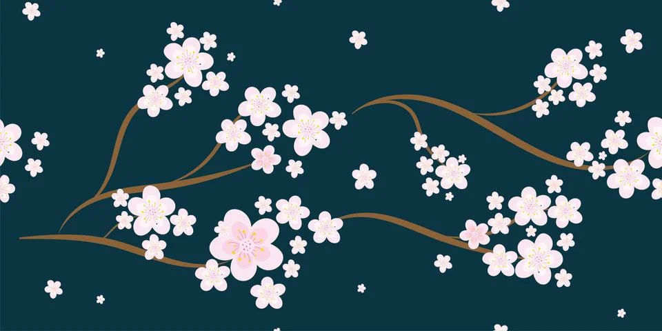 Seamless floral sakura pattern background, Vector cherry blossom and branch,  Stock Illustration