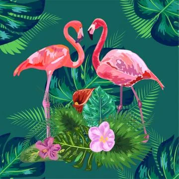 Seamless floral summer pattern background with tropical palm leaves, flamingo Stock Illustration