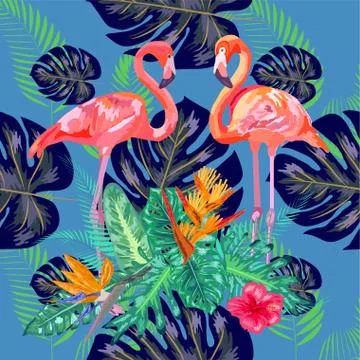 Seamless floral summer pattern background with tropical palm leaves, flamingo Stock Illustration