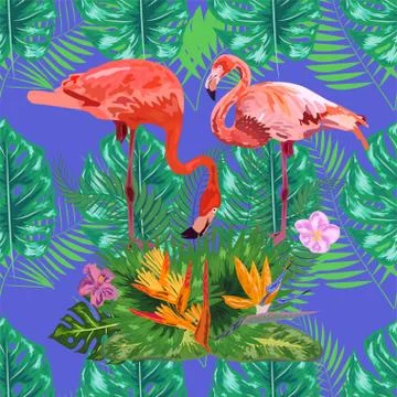 Seamless floral summer pattern background with tropical palm leaves, flamingo 스톡 일러스트