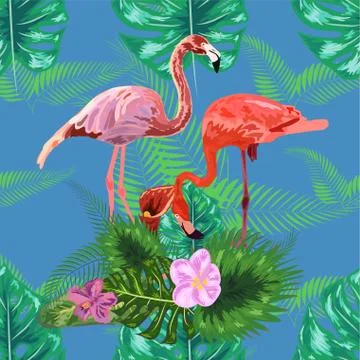Seamless floral summer pattern background with tropical palm leaves, flamingo Stock Illustration