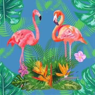 Seamless floral summer pattern background with tropical palm leaves, flamingo Stock Illustration