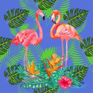 Seamless floral summer pattern background with tropical palm leaves, flamingo Illustrazione stock