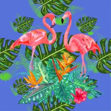 Seamless floral summer pattern background with tropical palm leaves, flamingo Stockillustratie