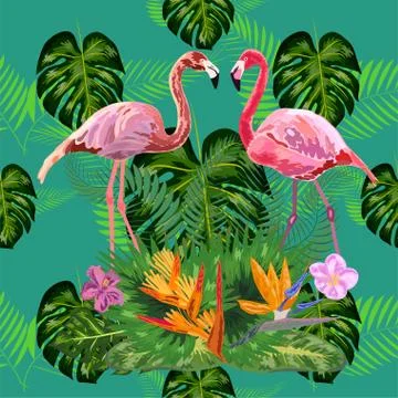 Seamless floral summer pattern background with tropical palm leaves, flamingo Stock Illustration