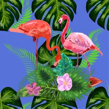 Seamless floral summer pattern background with tropical palm leaves, flamingo Illustrazione stock