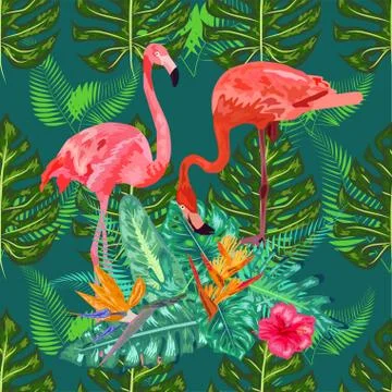Seamless floral summer pattern background with tropical palm leaves, flamingo Stock Illustration