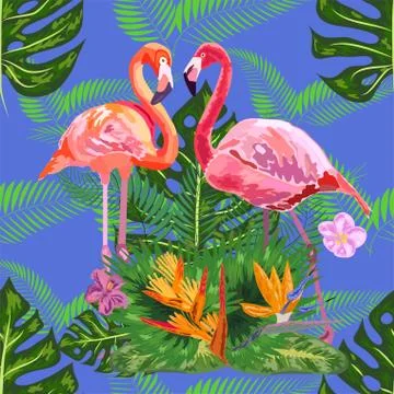 Seamless floral summer pattern background with tropical palm leaves, flamingo Stock Illustration