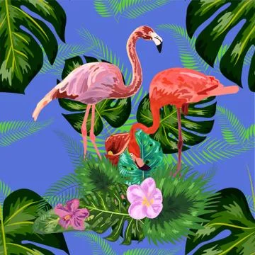 Seamless floral summer pattern background with tropical palm leaves, flamingo 스톡 일러스트