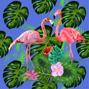 Seamless floral summer pattern background with tropical palm leaves, flamingo Stock Illustration