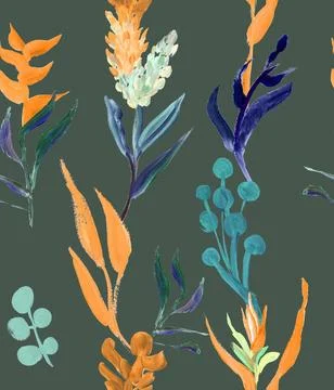 Seamless floral tropical pattern without seams drawn in gouache with orange Stock Illustration