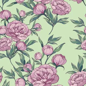 Seamless floral vector pattern with pink peonies. flowers and buds with green Stock Illustration
