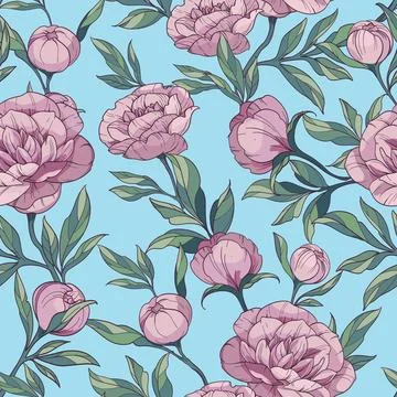 Seamless floral vector pattern with pink peonies. flowers and buds with green Stock Illustration