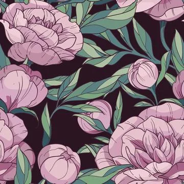 Seamless floral vector pattern with pink peonies. flowers and buds with green Stock Illustration