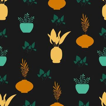 Seamless floral vector pattern. Plants in boho pots in earth flowers. For 스톡 일러스트