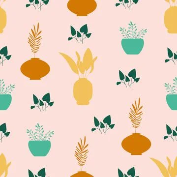 Seamless floral vector pattern. Plants in boho pots in earth flowers. For Stock Illustration