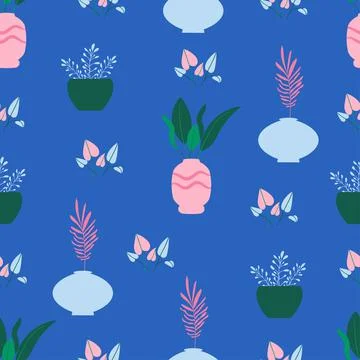 Seamless floral vector pattern. Plants in boho pots in earth flowers. For 스톡 일러스트