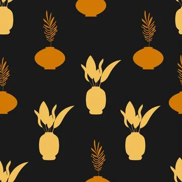 Seamless floral vector pattern. Plants in boho pots in earth flowers. For Stock Illustration