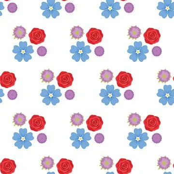 Seamless floral vector pattern with red roses and blue forget me not flowers. Stockillustratie