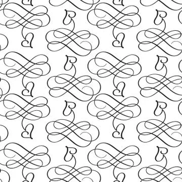 Seamless flourish vector pattern with calligraphic hearts. Ornament for Stock Illustration