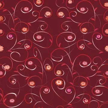 Seamless flower abstract pattern with leaves and branches on a red background Stock Illustration