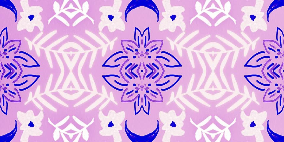 Seamless flower folk pattern. Abstract ethnic print. Watercolor batik background Illustrazione stock