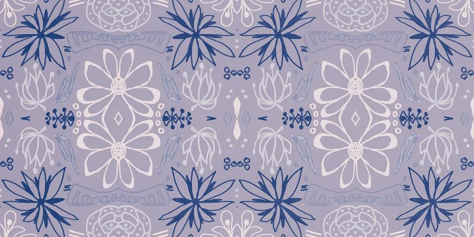 Seamless flower folk pattern. Abstract ethnic print. Watercolor batik background Stock Illustration