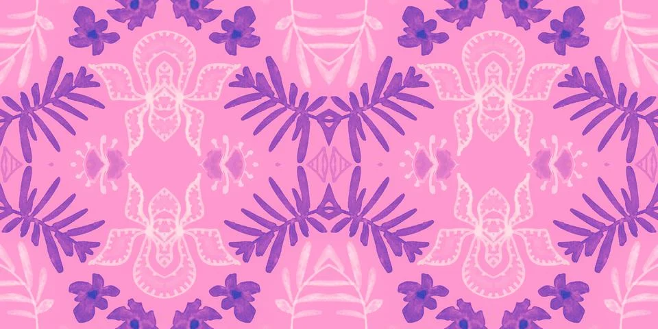 Seamless flower folk pattern. Abstract ethnic print. Watercolor batik background Stock Illustration