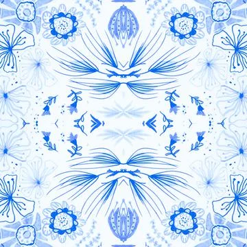 Seamless flower folk pattern. Abstract ethnic print. Watercolor batik background Illustrazione stock